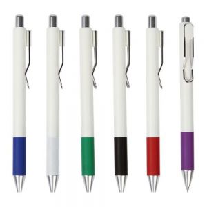 Bolígrafo retráctil fabricado en plástico ABS con clip y punta transparentes.